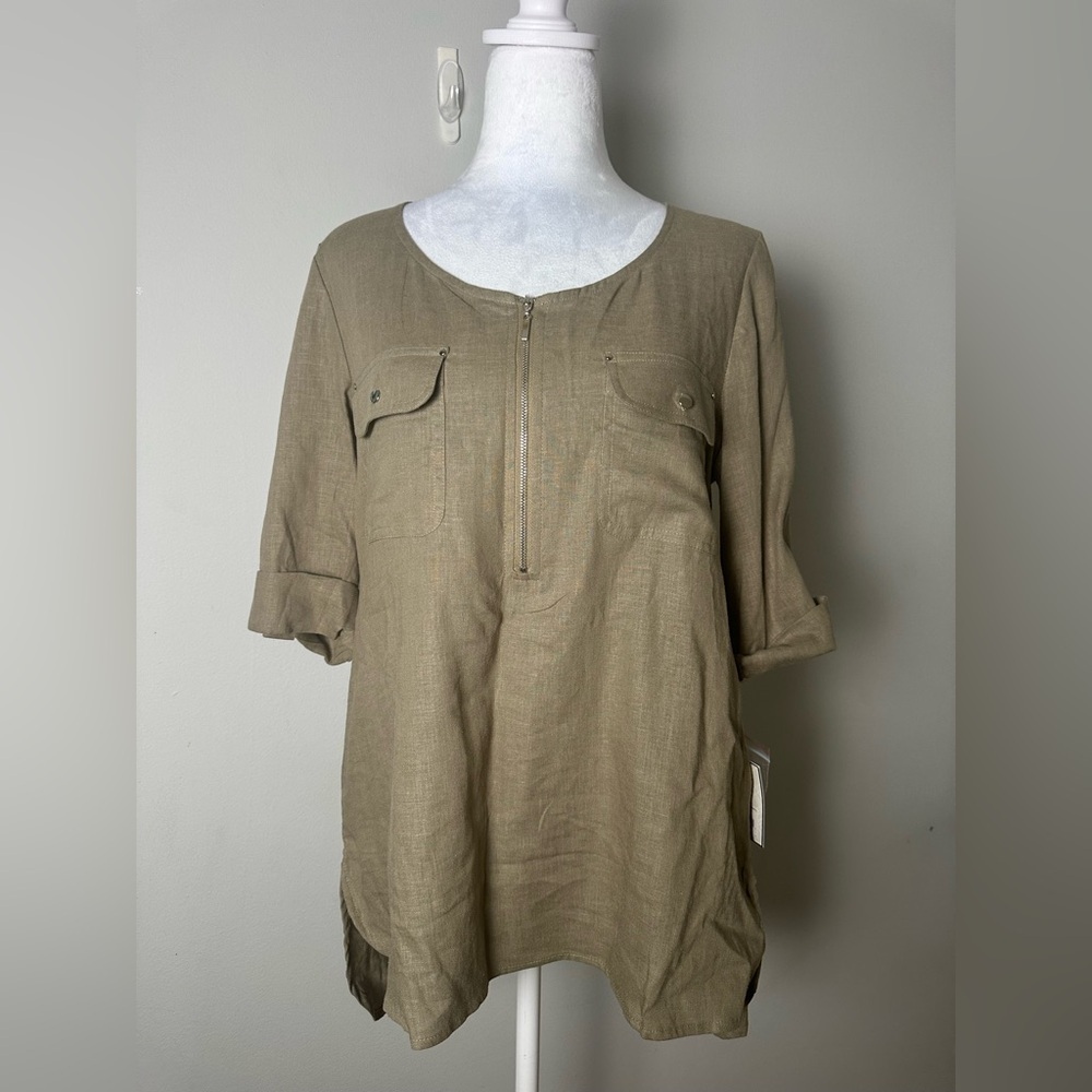 DANA BUCHMAN Top Linen Blend Utility Blouse 1/2 Zip Roll Tab Sleeve Olive Small